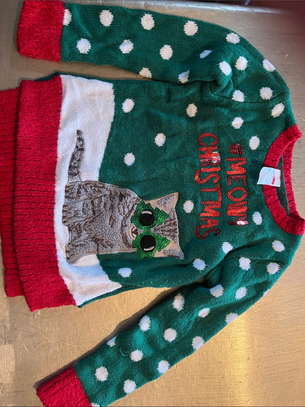 Holiday Time Festive Green 'Meowy Christmas' Women's Sweater with Cat Motif